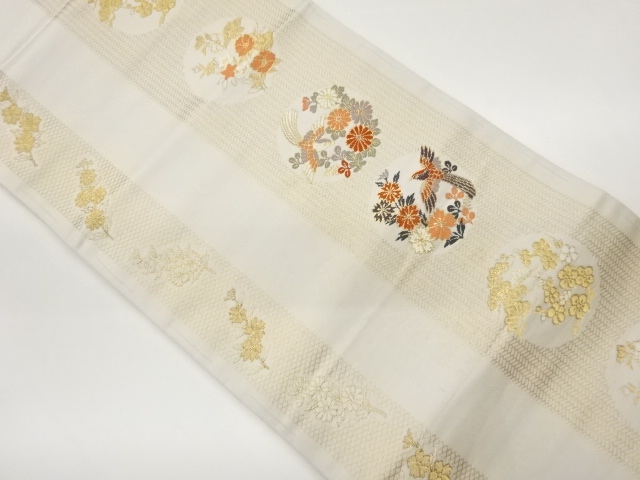 縞に鳥・秋草模様織出し名古屋帯